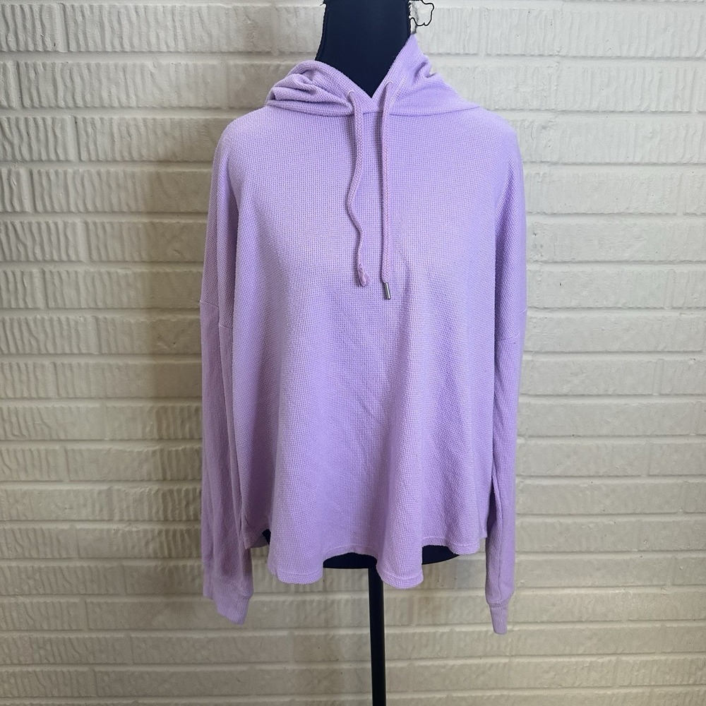 Victoria Secret Cropped Waffle Knit Hooded Sweatshirt Pullover Sz L Light Purple